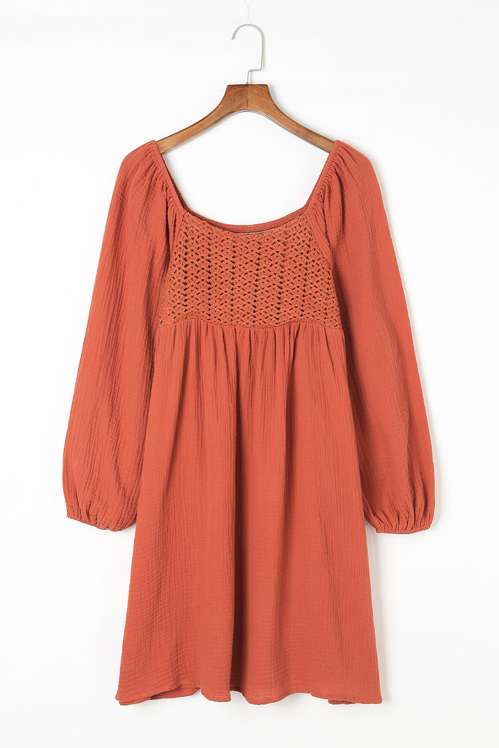 Brown Textured Front Crochet Babydoll Dress