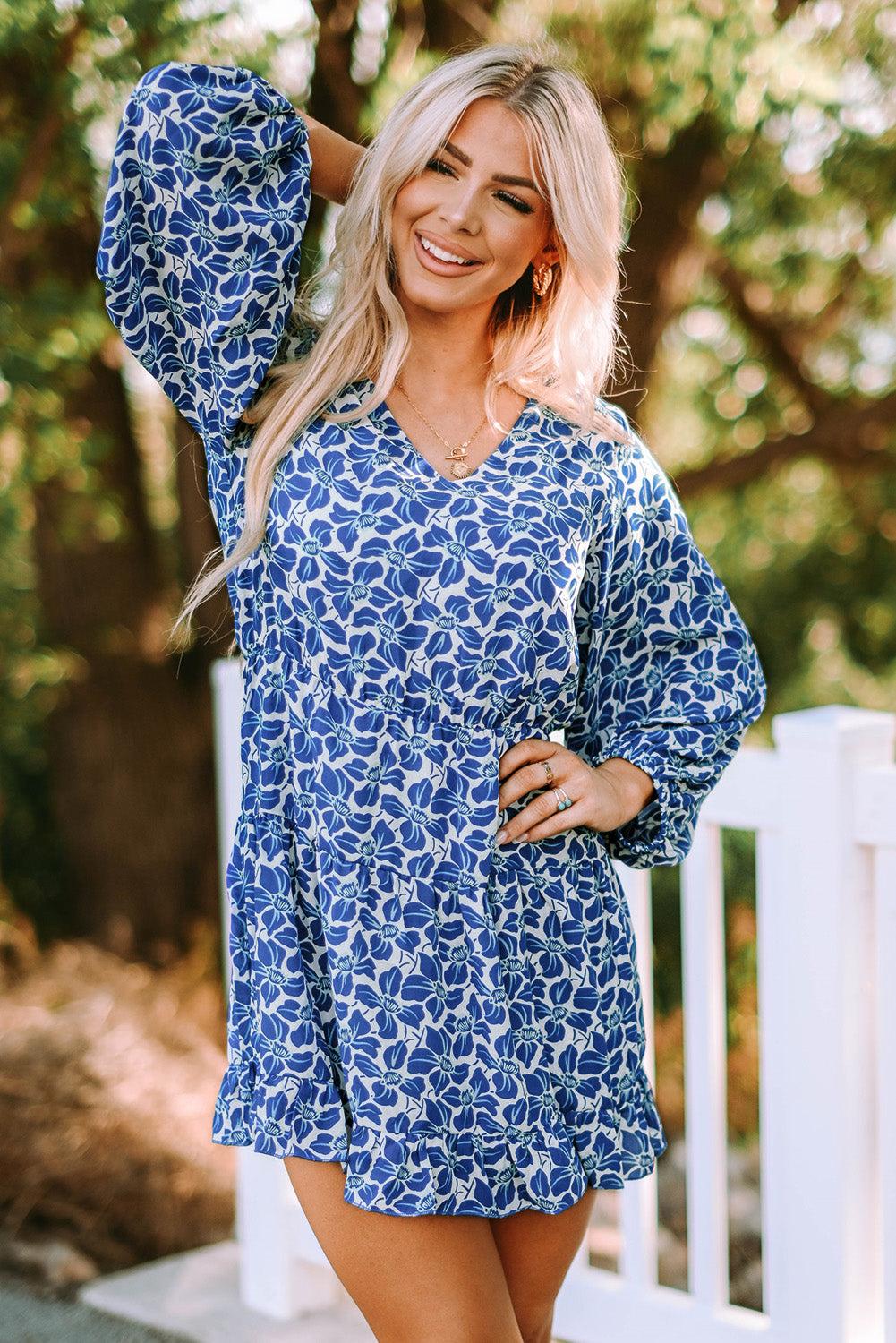 Floral V Neck Lantern Sleeves Tunic Dress