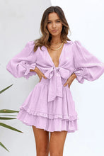 Load image into Gallery viewer, Deep V Neck Lantern Sleeve Knotted Tiered Mini Dress
