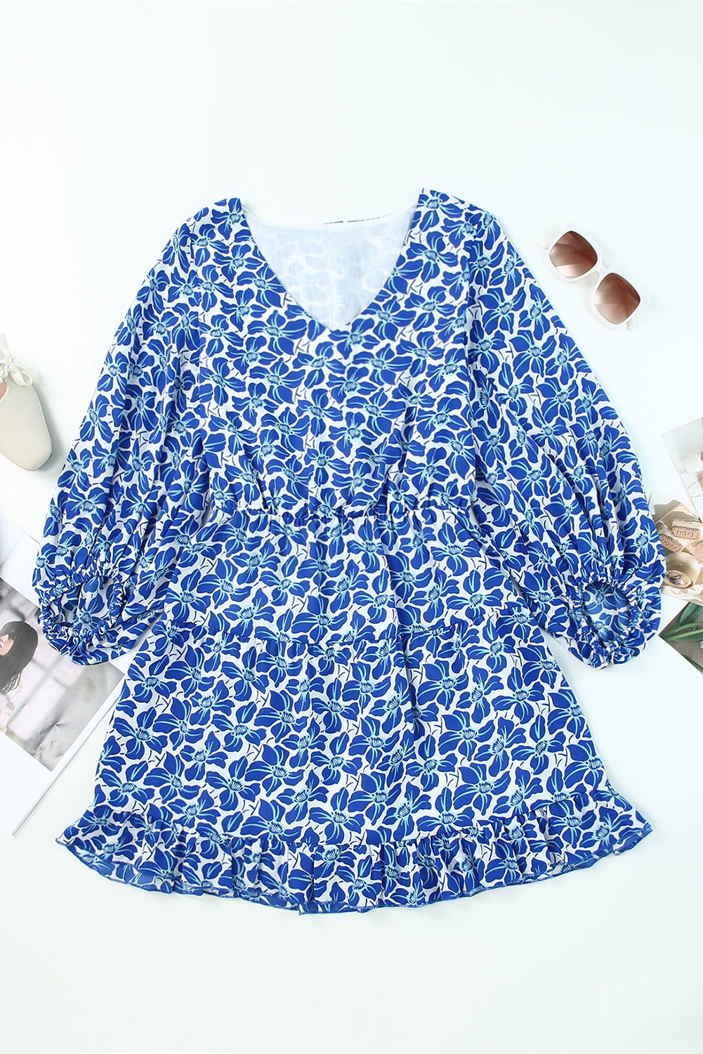 Floral V Neck Lantern Sleeves Tunic Dress