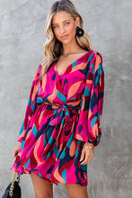 Load image into Gallery viewer, Fiery Red Abstract Printed Belted Puff Sleeve Mini Dress
