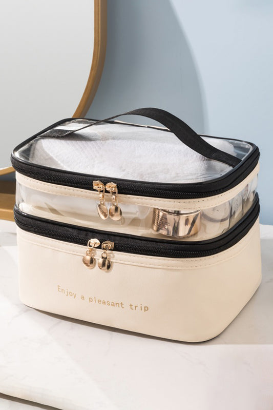 Beige Waterproof PVC Double-layer Cosmetic Bag