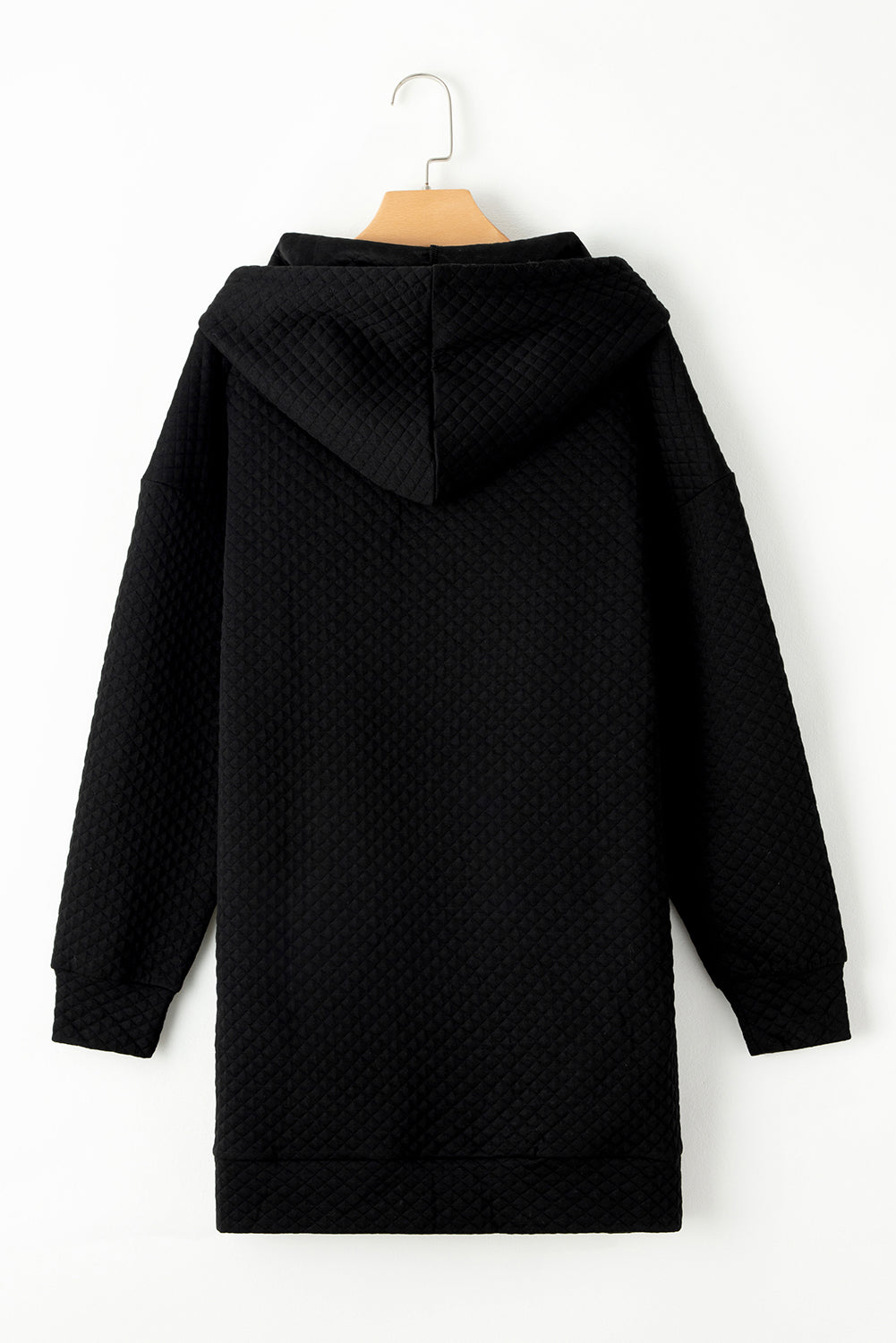 Black Drawstring Kangaroo Pocket Quilted Hooded Dress