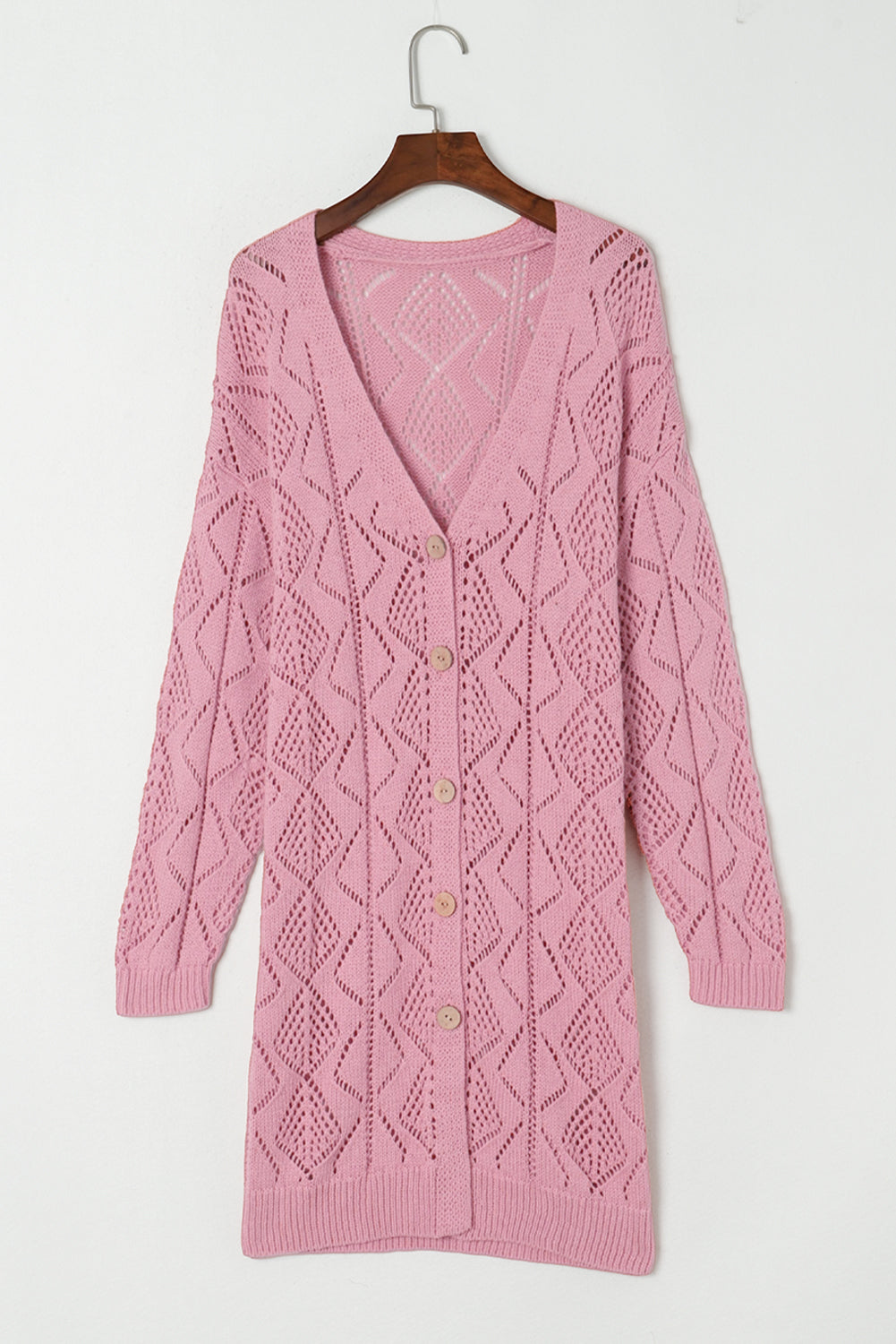 Pink Hollow-out Openwork Knit Cardigan