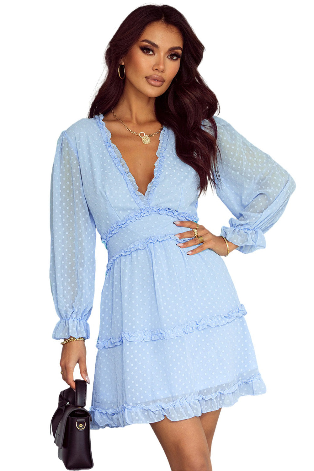 Sky Blue Layered Ruffled Open Back Puff Sleeve Swiss Dot Mini Dress