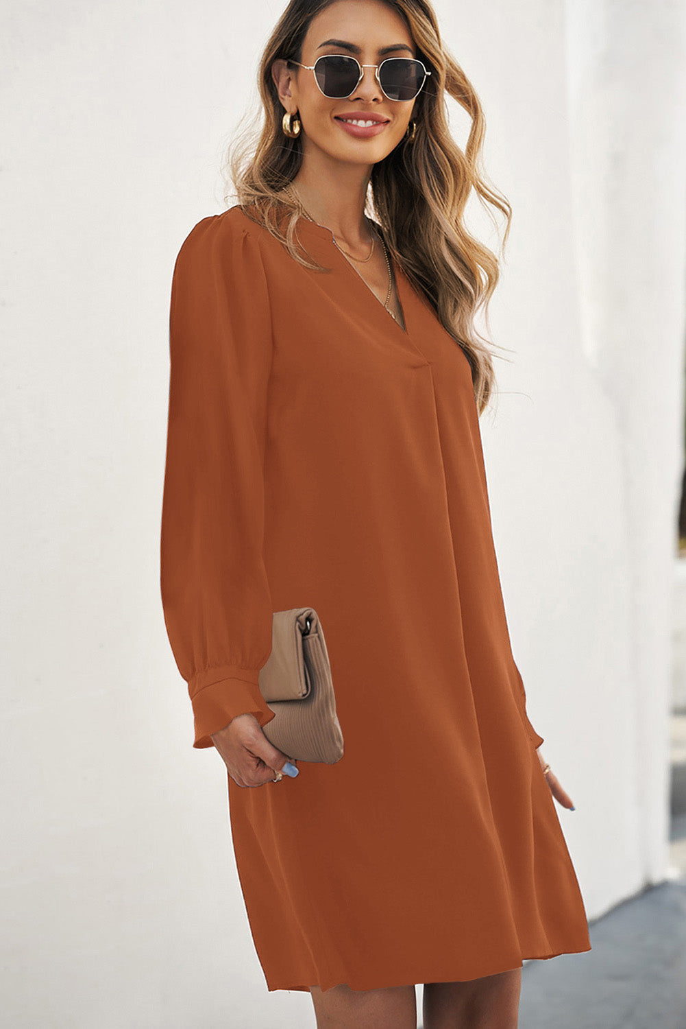 Split V Neck Ruffled Sleeves Shirt Dress