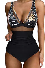 Load image into Gallery viewer, Black Floral Mesh Insert V Neck High Waist Monokini
