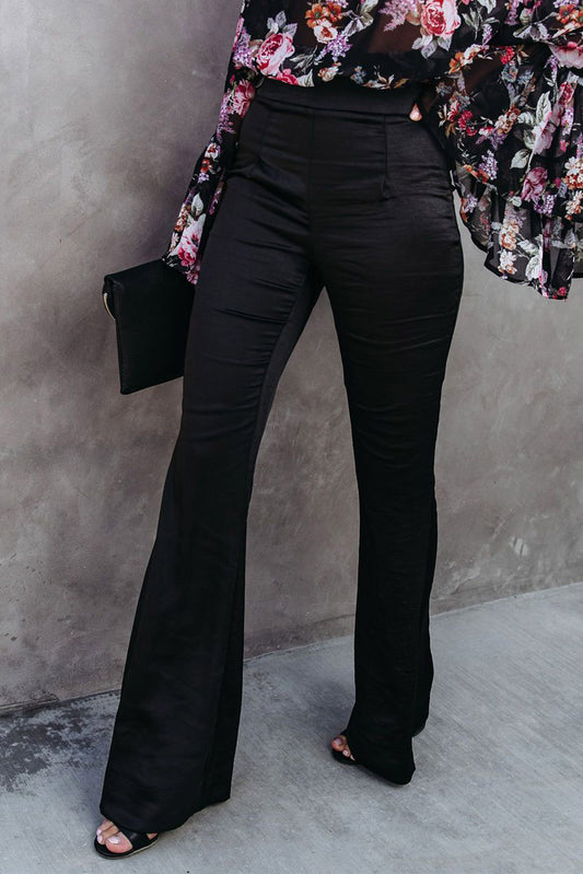 Black Satin Flare Tailored Pants