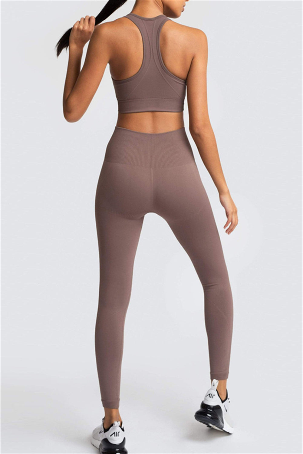 Dark Brown Solid Color Sports Bra and High Waist Leggings Active Set