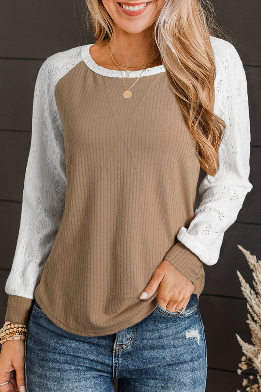 Light French Beige Lace Crochet Patch Long Sleeve Textured Top