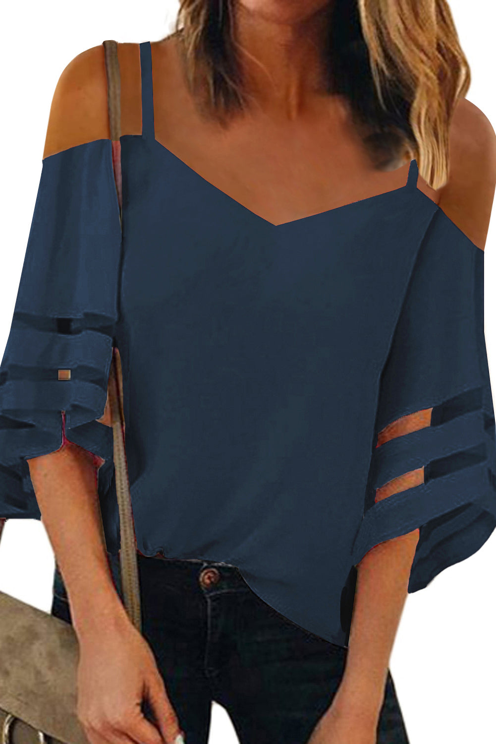 Blue Spaghetti Straps Cold Shoulder Mesh Insert Bell Sleeve Blouse