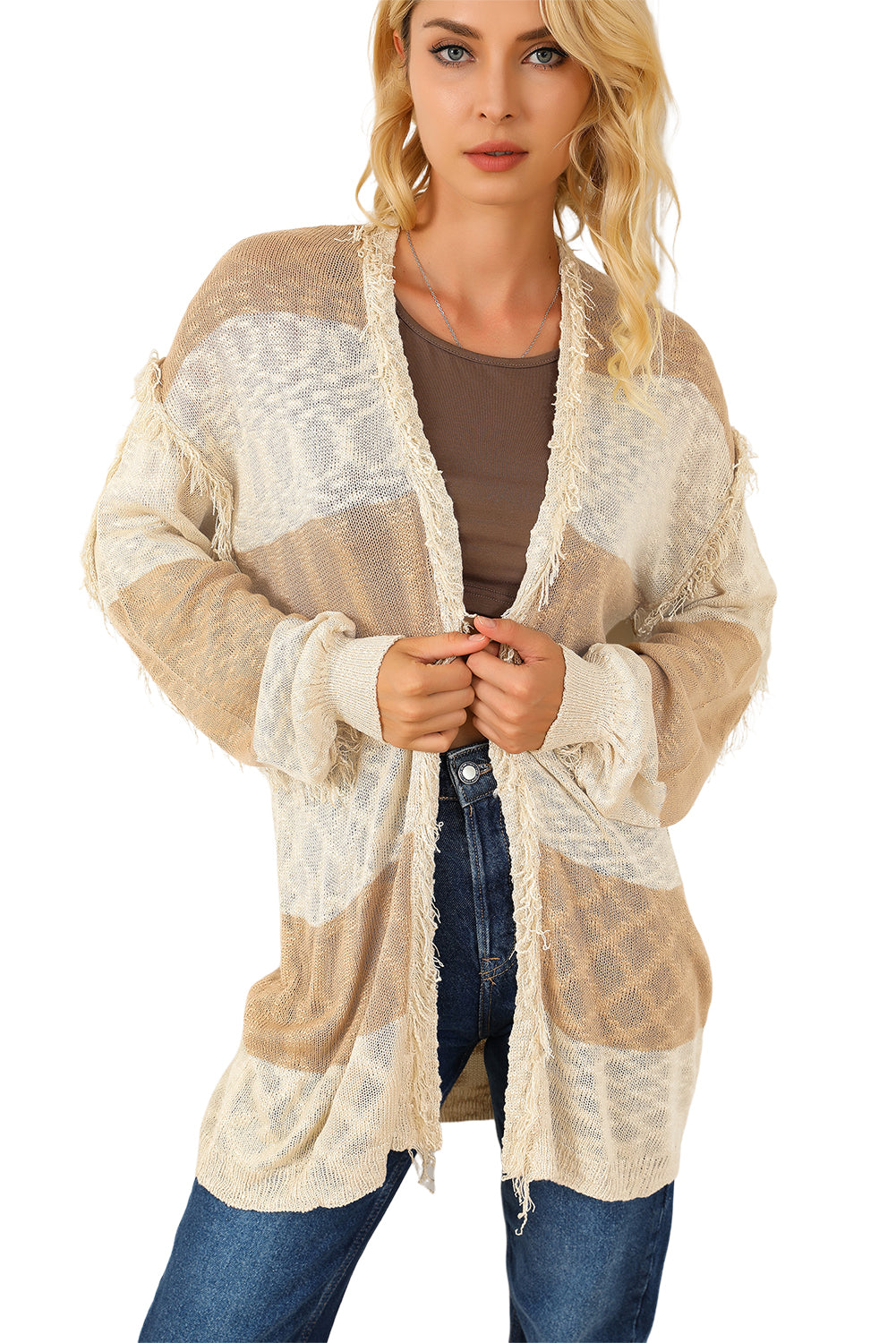 Khaki Two-tone Stripes Frayed Trim Lightweight Cardigan