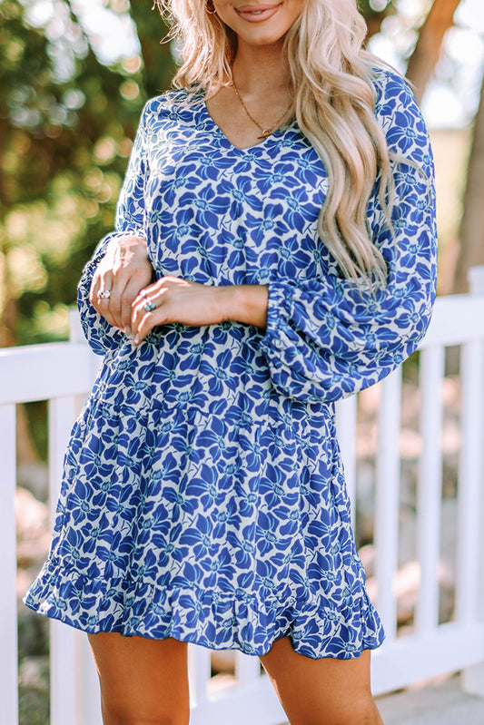 Floral V Neck Lantern Sleeves Tunic Dress