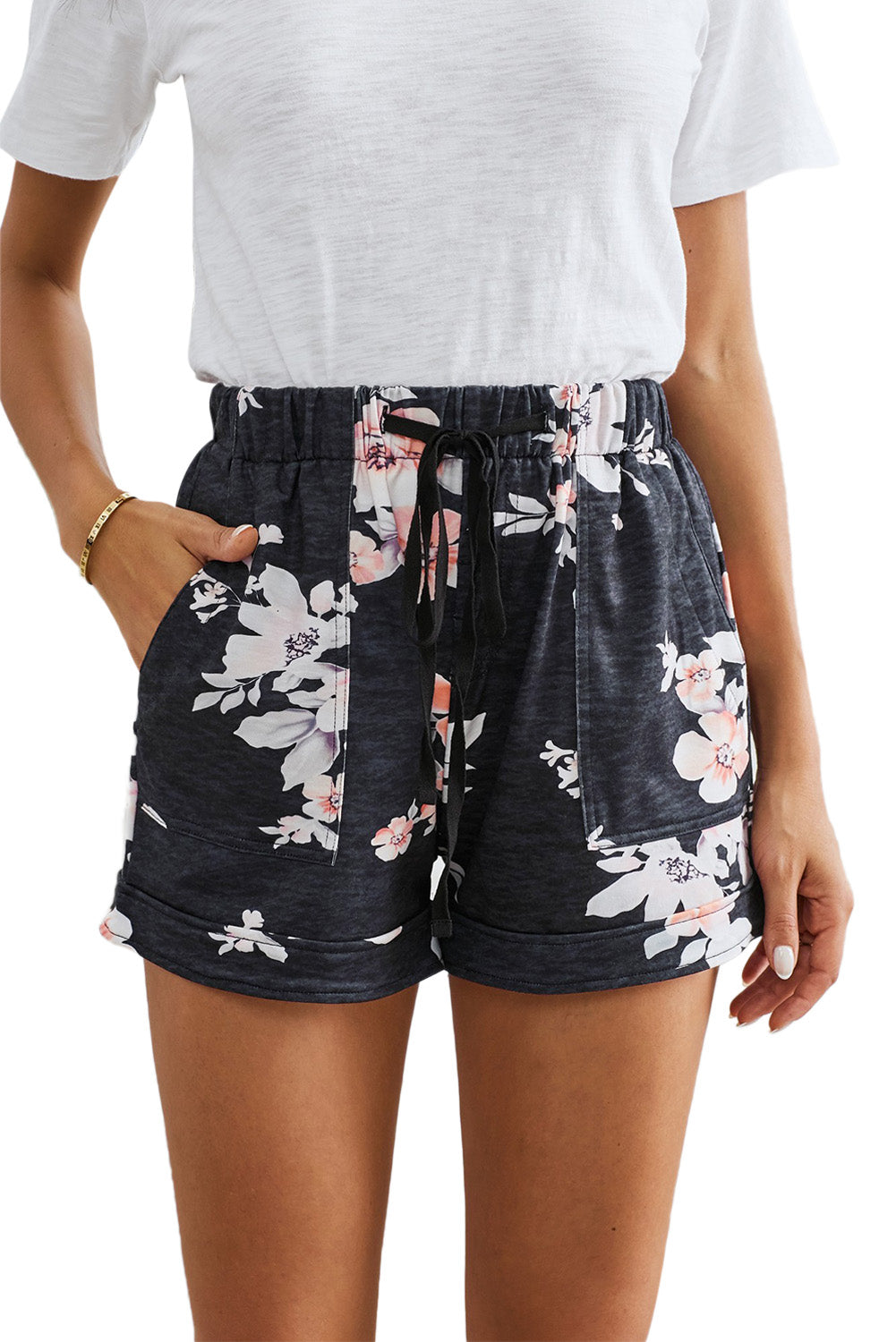 Floral Print Drawstring Elastic Waist Pocketed Shorts