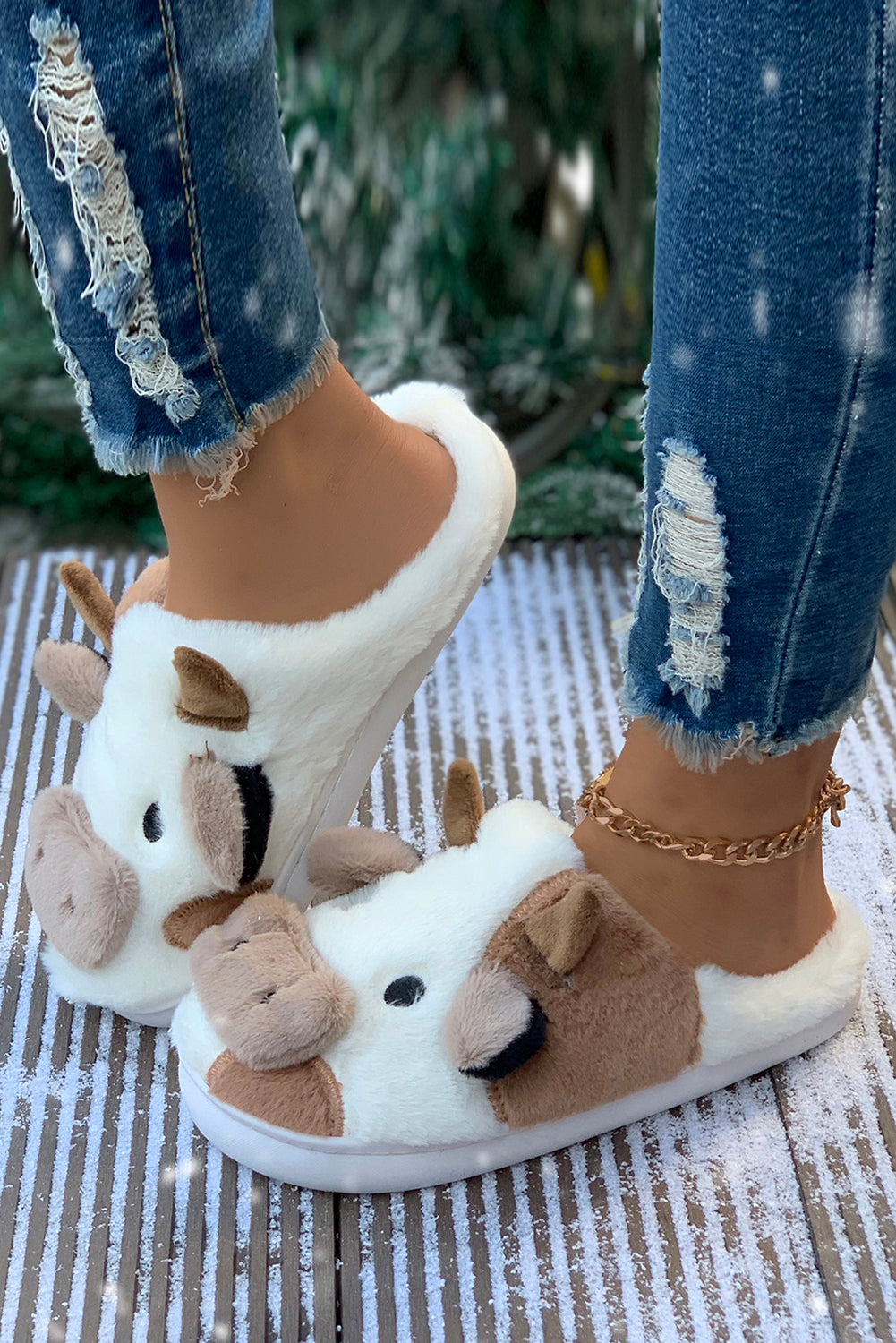 Camel Cartoon Cow Pattern Plush Lined Slippers