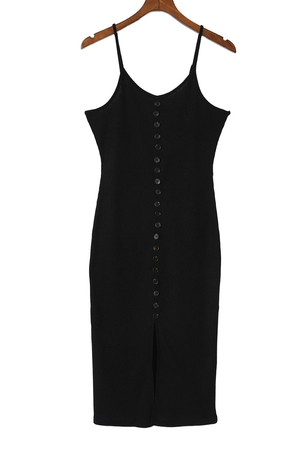 Black Buttoned Ribbed Knit Sleeveless Midi Bodycon Dress with Slit