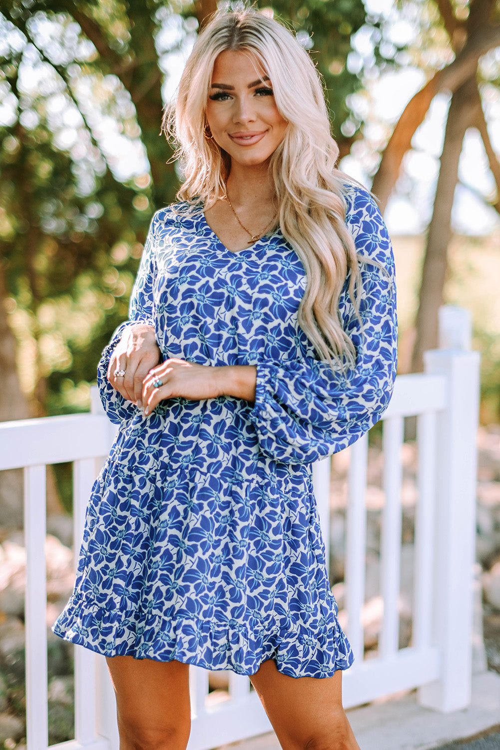 Floral V Neck Lantern Sleeves Tunic Dress