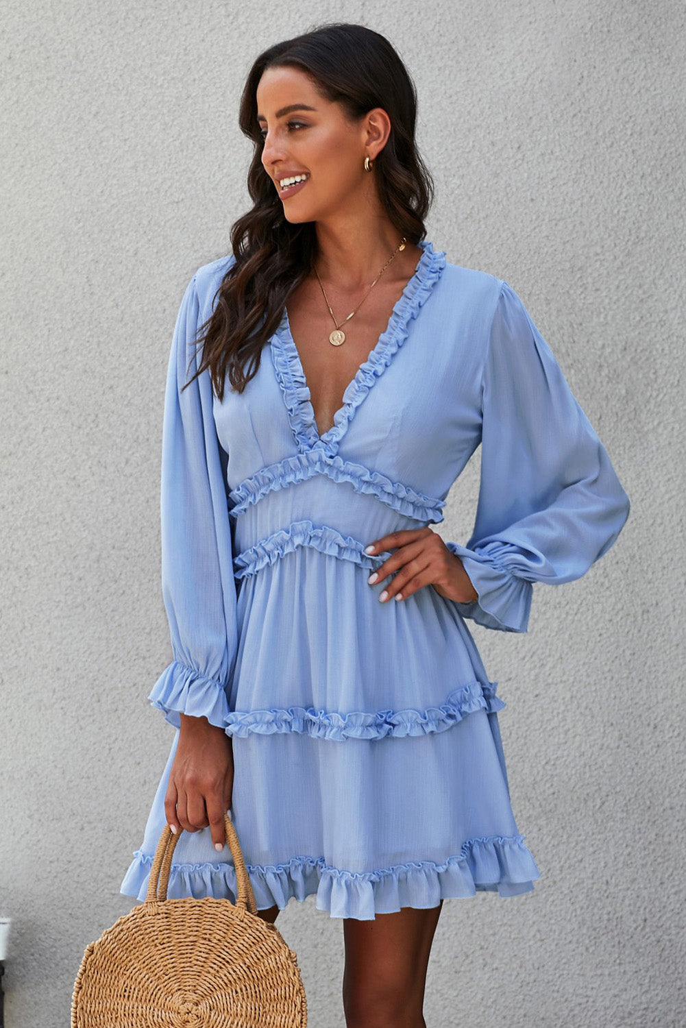 Sky Blue V Neck Ruffle Detailing Open Back Dress