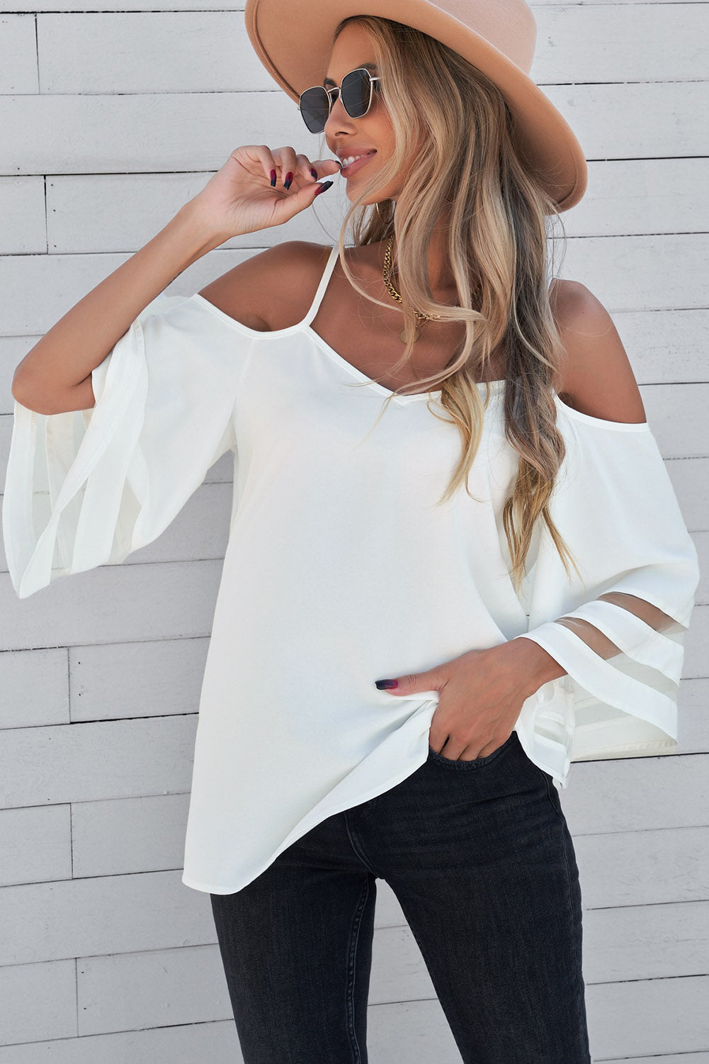 White Spaghetti Straps Cold Shoulder Mesh Insert Bell Sleeve Blouse