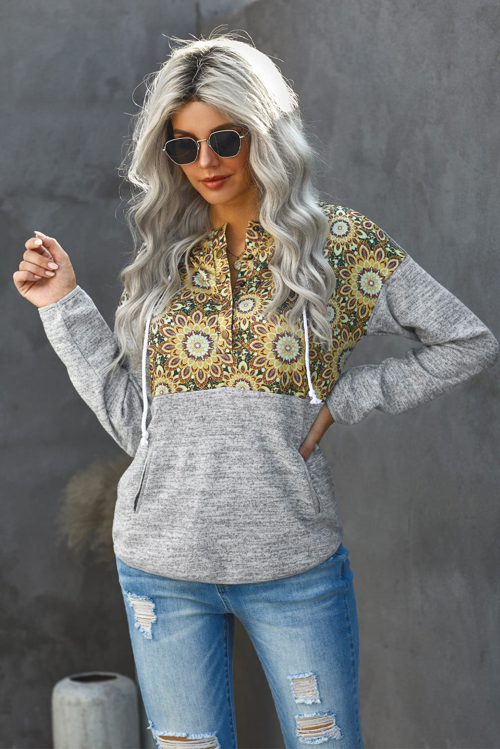 Gray Tribal Print Vintage Drawstring Hoodie