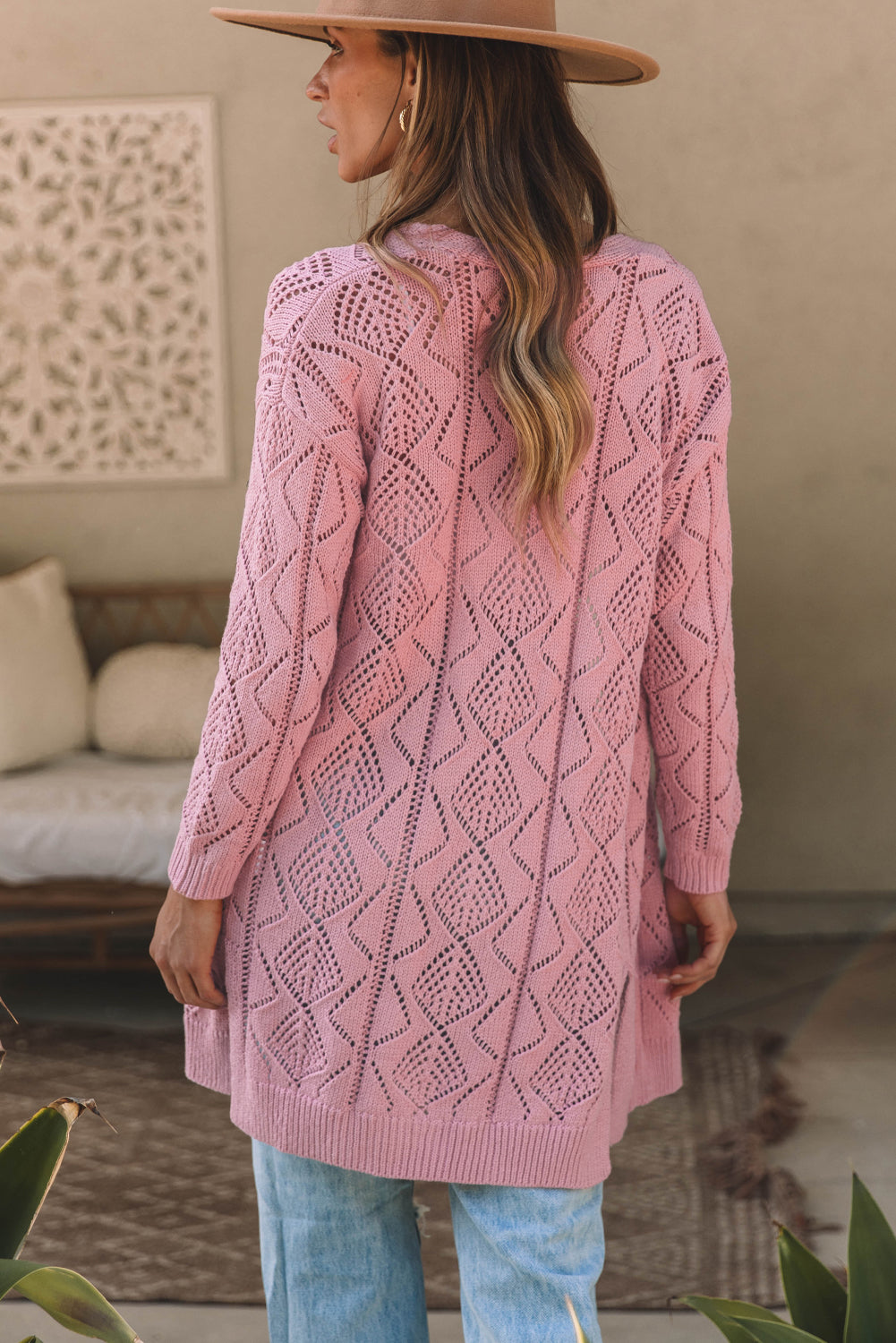 Pink Hollow-out Openwork Knit Cardigan