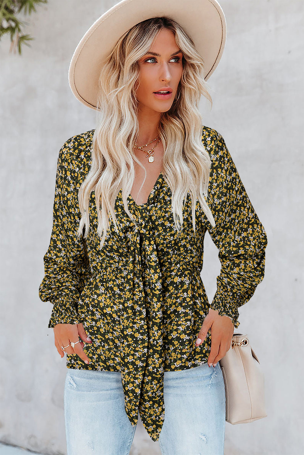 Cute Floral Print Front Tie Ruffled Long Sleeve Blouse