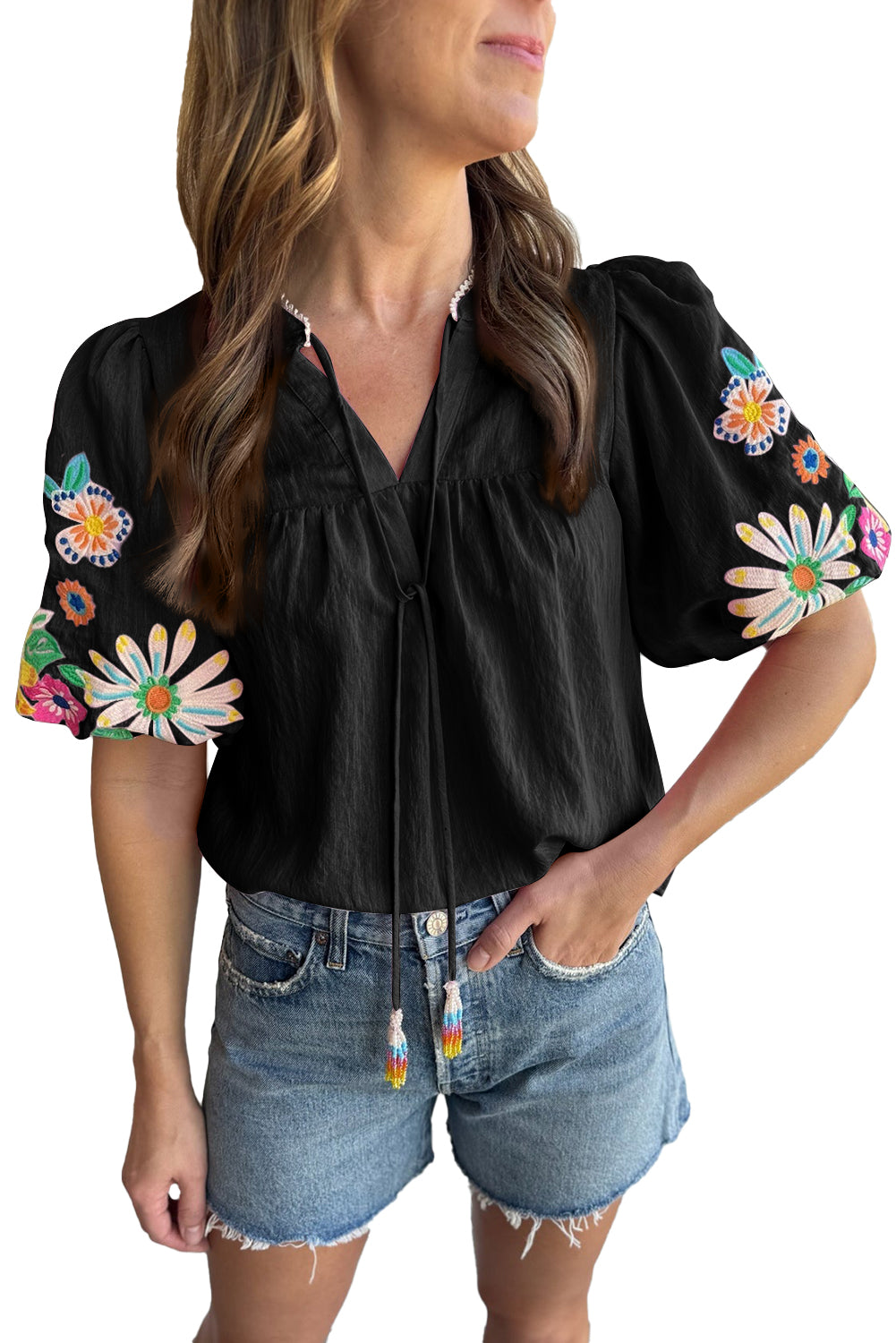 Black Floral Embroidered Puff Sleeve Split Neck Blouse