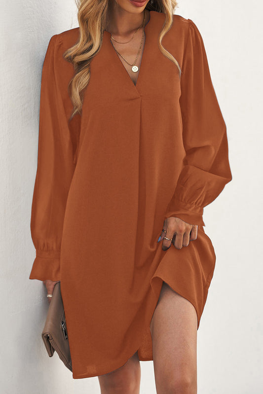 Split V Neck Ruffled Sleeves Shirt Dress