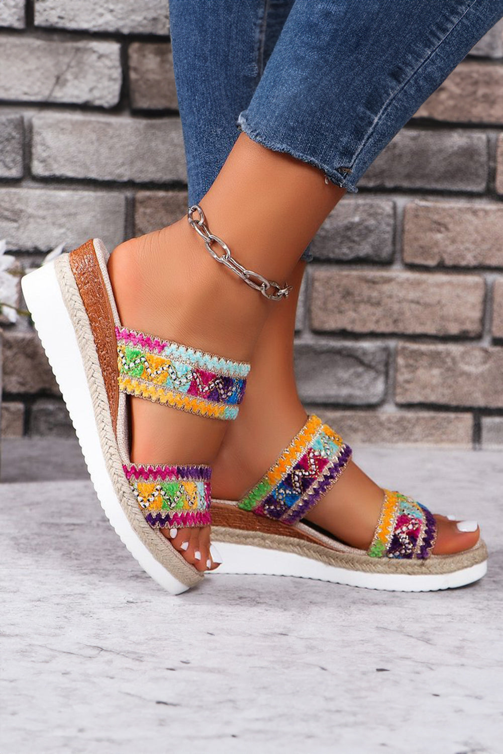 Multicolour Random Color Crochet Dual Band Wedge Slippers