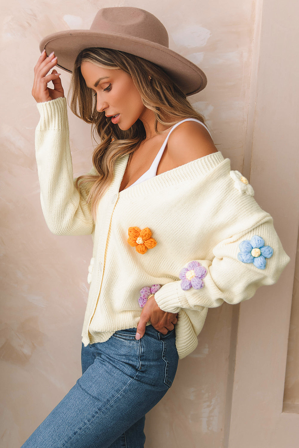 Beige Cute Flower Embellished Buttoned Cardigan Sweater