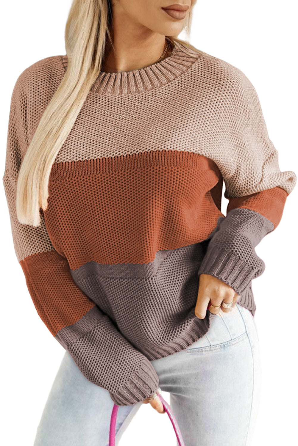 Brown Stripe Color Block Drop Shoulder Round Neck Knit Sweater