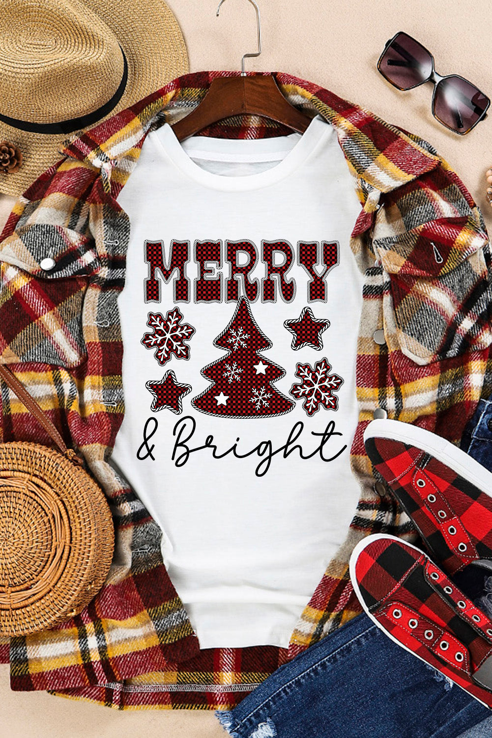 White MERRY and Bright Plaid Print Christmas Crewneck T Shirt