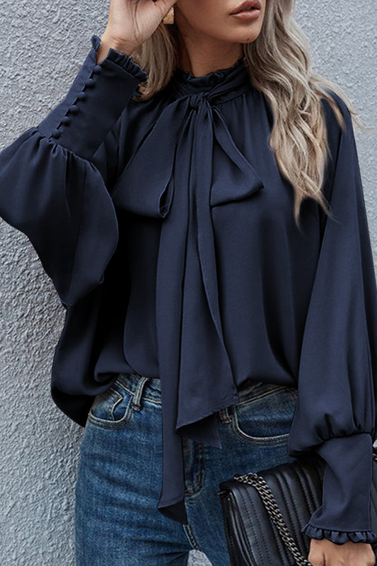 Navy Blue Frilled Knotted Mock Neck Bishop Sleeve Blouse