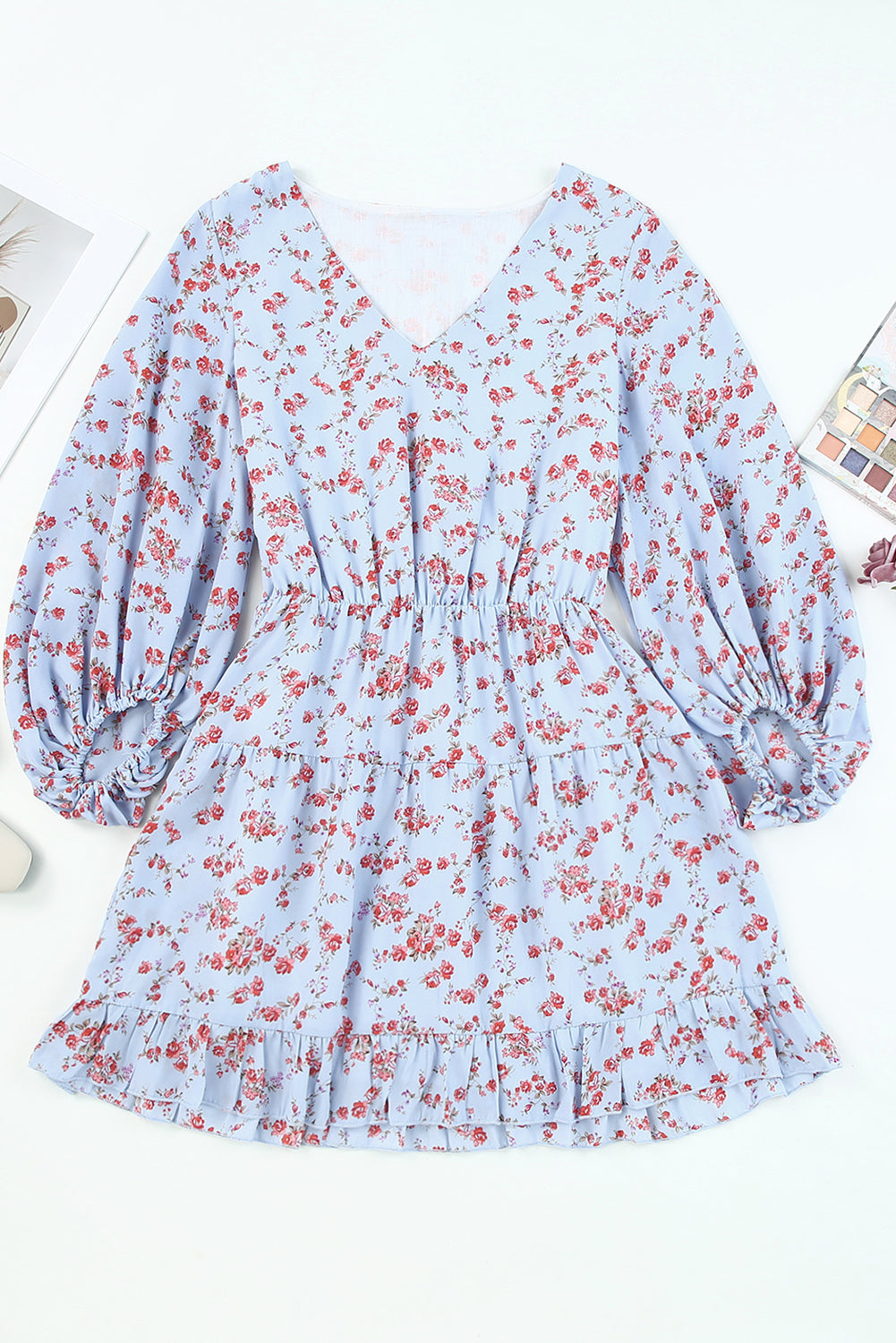 Floral V Neck Lantern Sleeves Tunic Dress