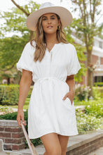 Load image into Gallery viewer, White Puff Sleeve Drawstring Shirt Dress with Pockets
