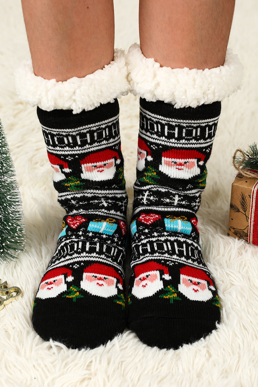 Black Cartoon Santa Claus Christmas Fleece Socks