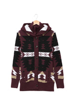 Load image into Gallery viewer, Wine Retro Jacquard Pattern Buttoned Front Hooded Sweater

