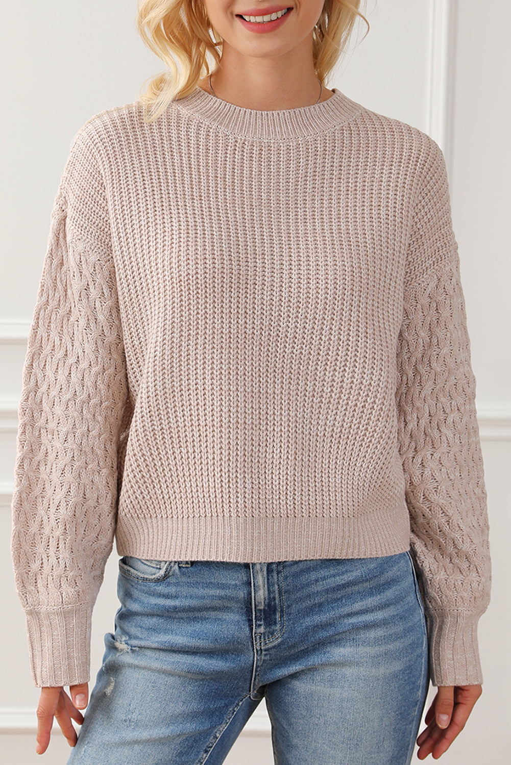 Parchment Cable Knit Sleeve Drop Shoulder Sweater