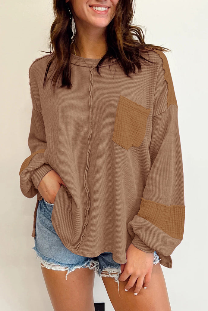 Dark Brown Exposed Seam Patchwork Bubble Sleeve Waffle Knit Top