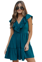 Load image into Gallery viewer, Blue Ruffle Trim V Neck Smocking Back Mini Dress
