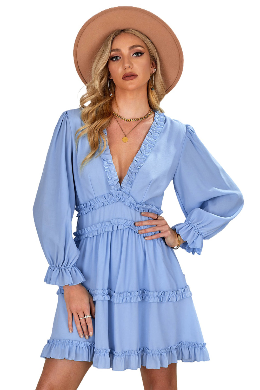 Sky Blue V Neck Ruffle Detailing Open Back Dress