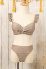 Load image into Gallery viewer, Pale Khaki Wavy Textured Ruffled Straps Twist Bikini Swimsuit
