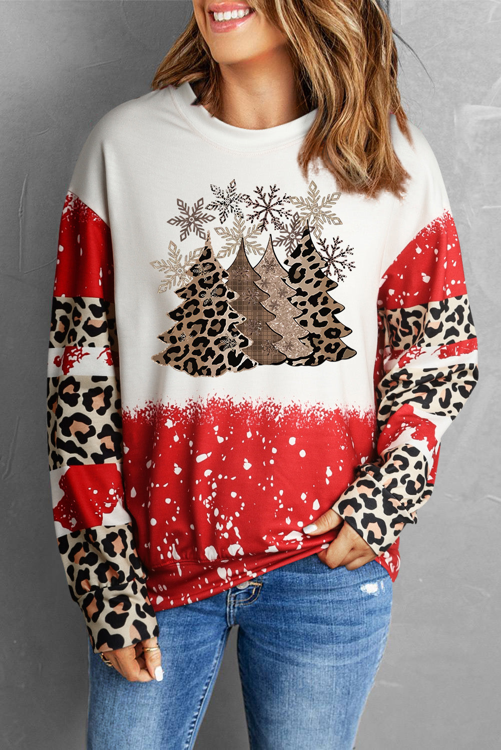 Fiery Red Tie Dye Leopard Christmas Tree Graphic Top