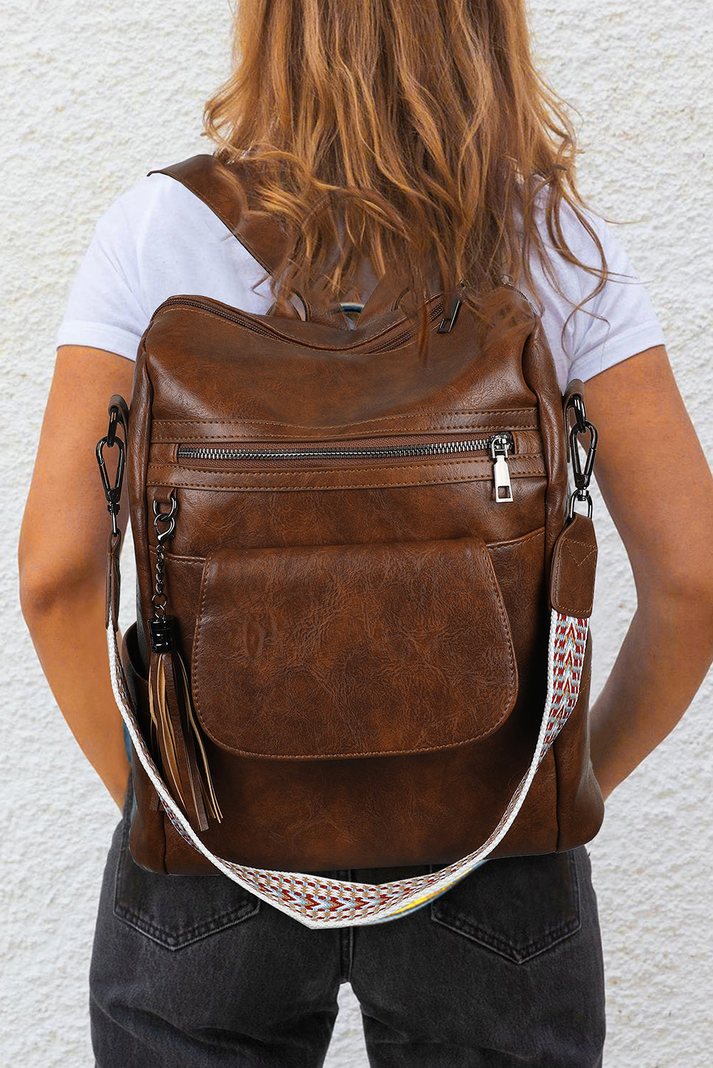 Dark Brown Tassel Decor Retro PU Large Capacity Backpack