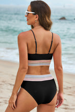 Load image into Gallery viewer, Black Striped Patchwork Spaghetti Strap High Waist Bikini Swimsuit
