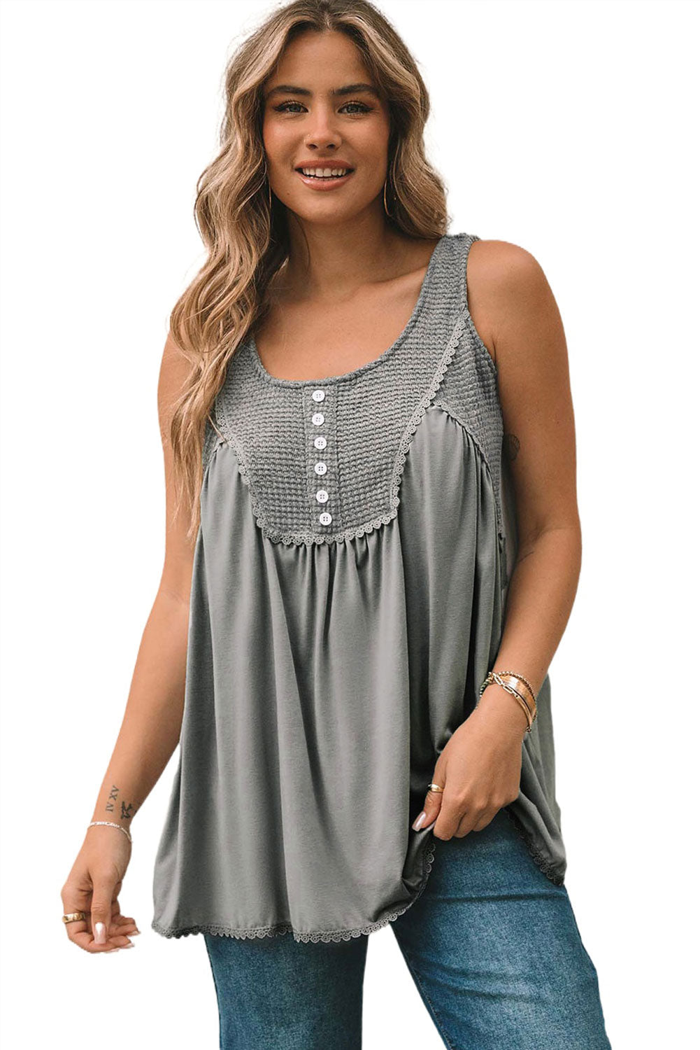 Waffle Knit Panel Babydoll Sleeveless Top