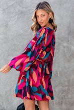 Load image into Gallery viewer, Fiery Red Abstract Printed Belted Puff Sleeve Mini Dress
