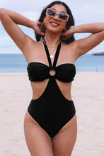 Load image into Gallery viewer, Black Halter O-ring Ruched Bust One Piece Swimsuit
