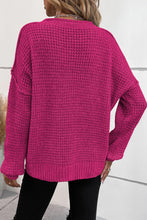 Load image into Gallery viewer, Rose Red Pointelle Knit Button V Neck Drop Shoulder Sweater

