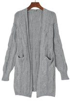 Load image into Gallery viewer, Gray Ribbed Trim Eyelet Cable Knit Cardigan

